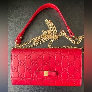 GUC Gucci GG Emily Bow Leather Red Long Wallet with Chain WOC